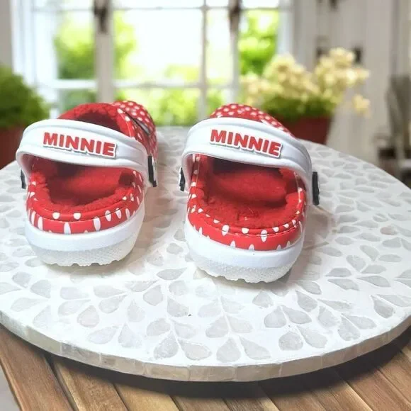 Crocs Kids Minnie Mouse Lined Classic Clog Red Polka Dot Cozy Disney Parks Size - Picture 8 of 12